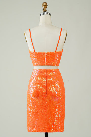 Vestido ajustado de lentejuelas naranjas de dos piezas